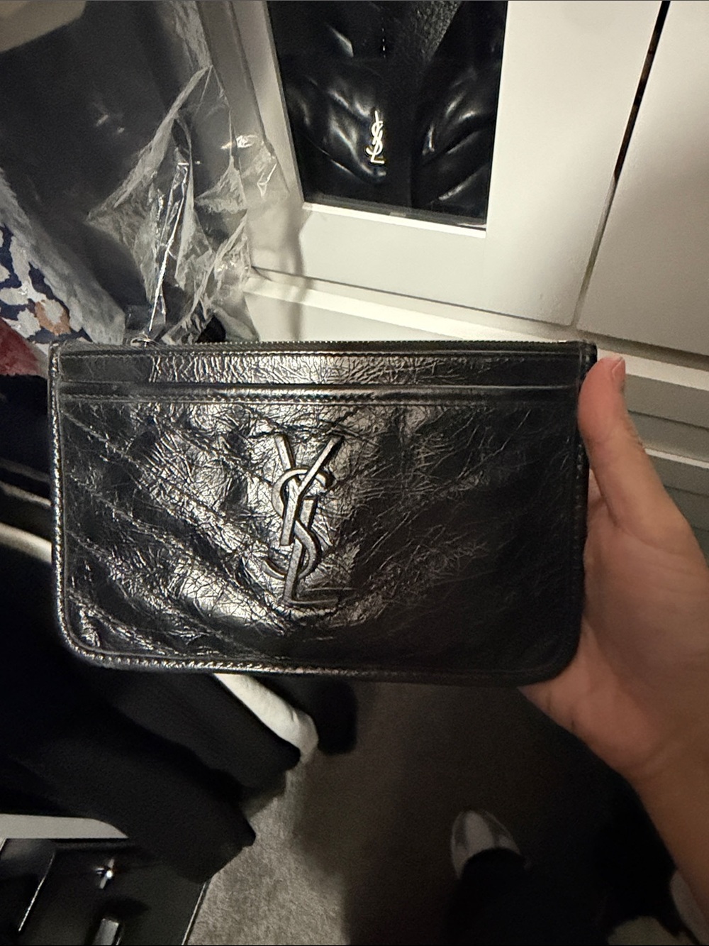 Saint Laurent Black Leather YSL Zip Card Holder